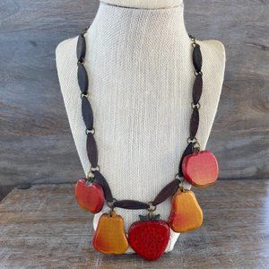 Vintage Apple, Pear, and Strawberry Charm Wooden Necklace